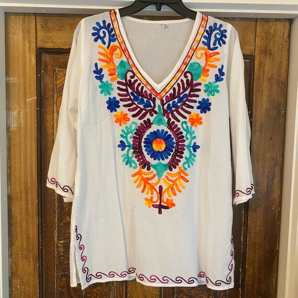 Embroidered V-Neck Tunic Top - White with Multicolor Accents